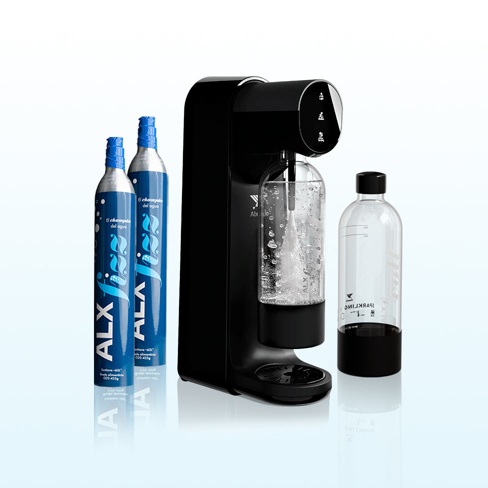 Soda maker kit with two CO2 canisters and two reusable bottles.