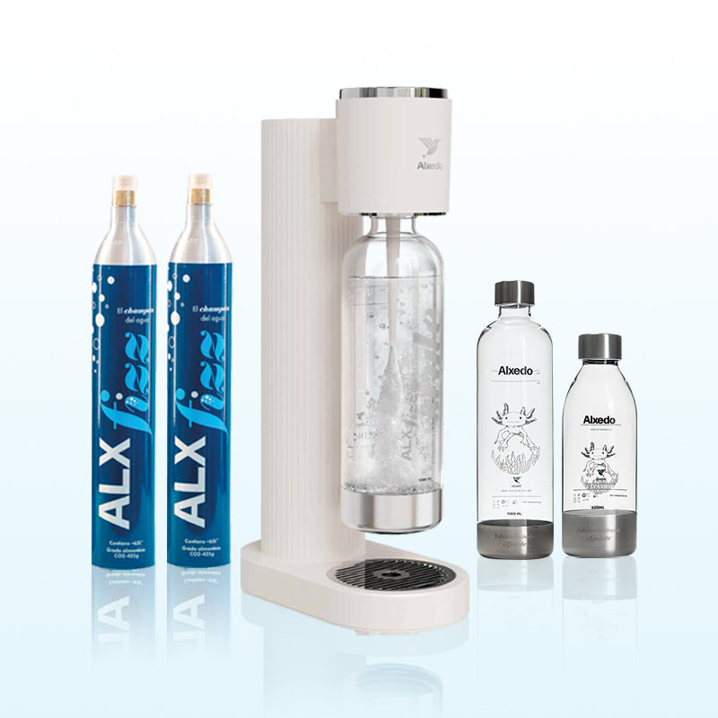 Soda maker with two CO2 canisters and two reusable bottles.